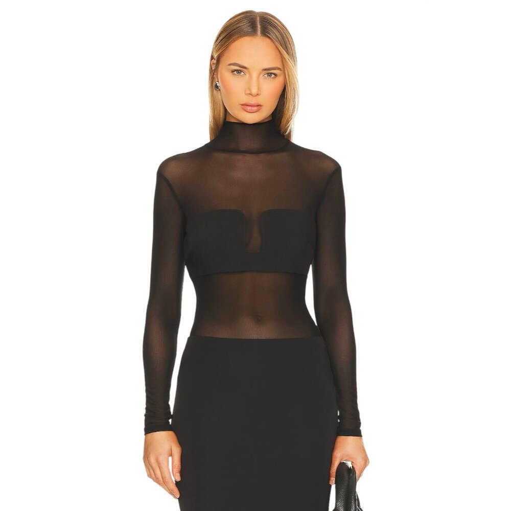 ASTR the Label Fiona Bodysuit in Black X-Small New Womens Long Sleeve Mesh Top